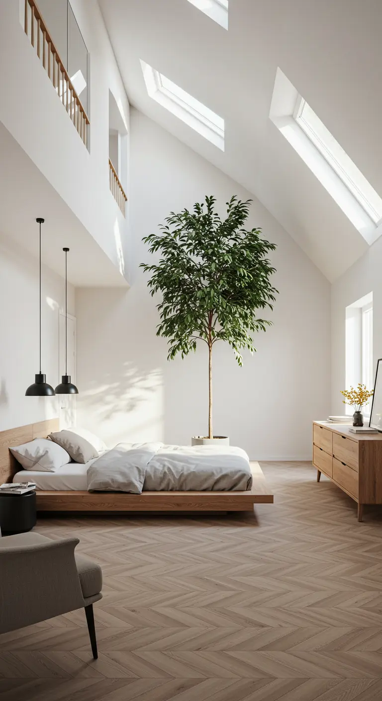 Chambre très spacieuse et lumineuse avec un grand arbre en pot au centre.