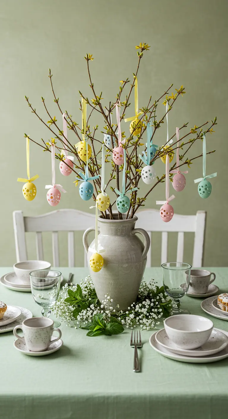 Arbre de Pâques dans un vase avec des œufs colorés suspendus par des rubans.
