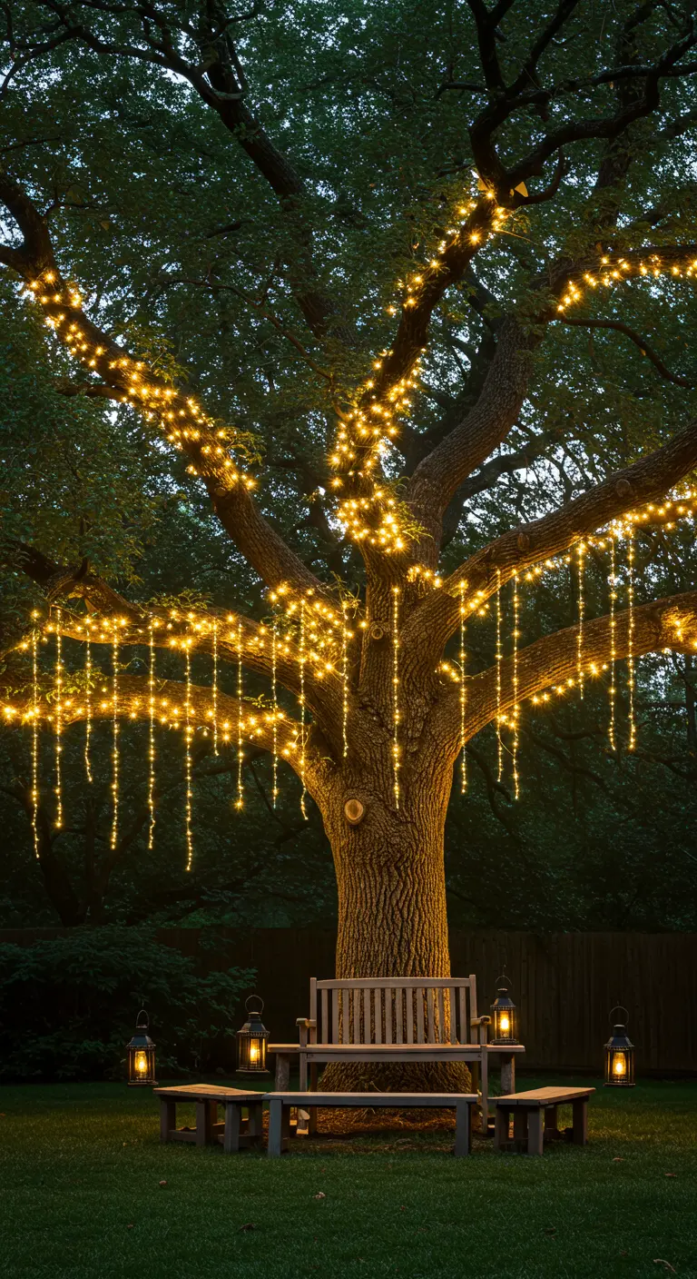 Un grand chêne dont les branches sont décorées de guirlandes lumineuses et de rideaux de lumière.