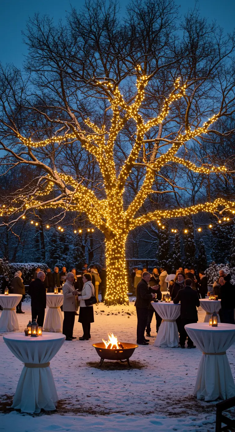 Grand arbre en hiver, entièrement illuminé de guirlandes dorées dans un jardin enneigé.