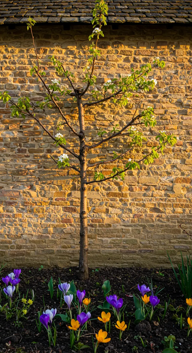 Arbre fruitier en espalier contre un mur de pierre, avec des crocus à sa base.