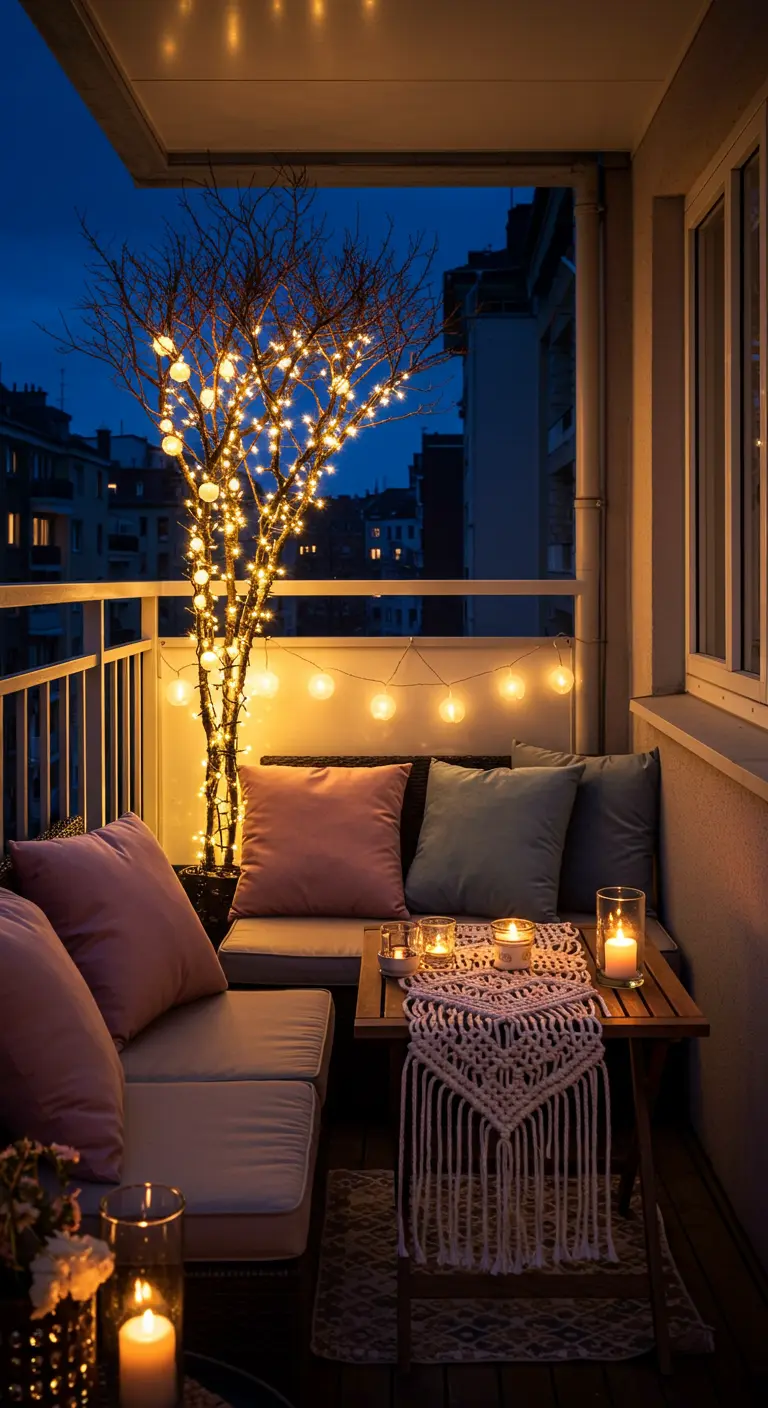 Balcon de nuit avec un petit arbre illuminé par une guirlande lumineuse.