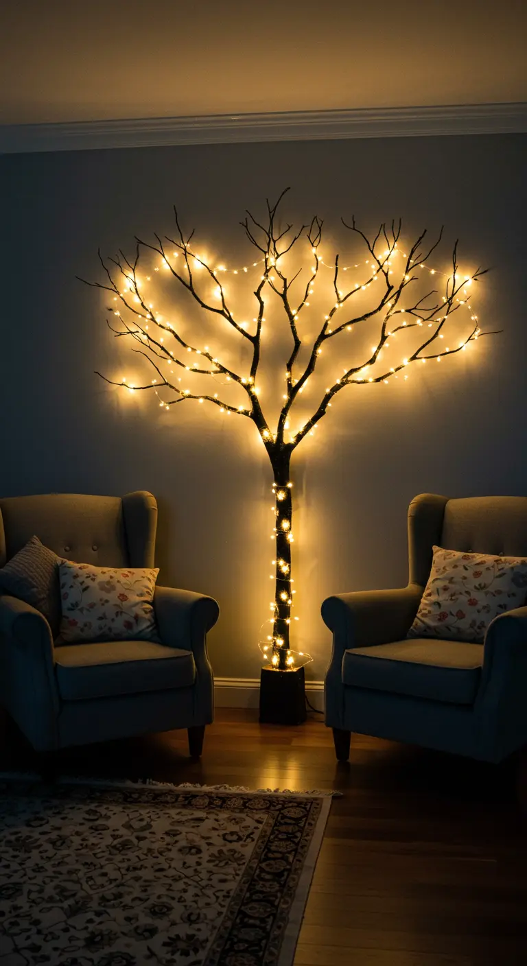 Silhouette d'un arbre décoratif noir dont les branches sont illuminées par des guirlandes lumineuses.