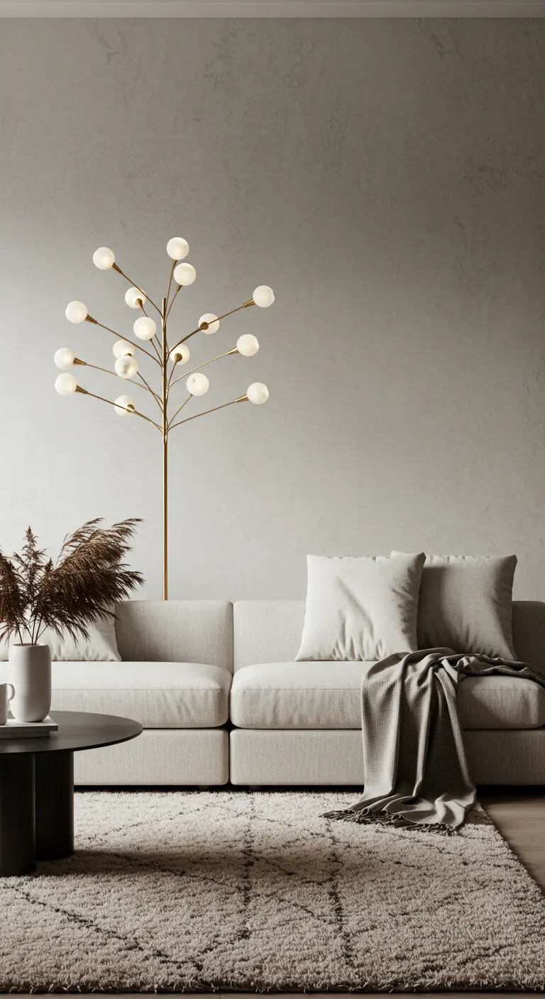 Lampadaire doré en forme d'arbre avec de multiples globes lumineux à côté d'un canapé beige.