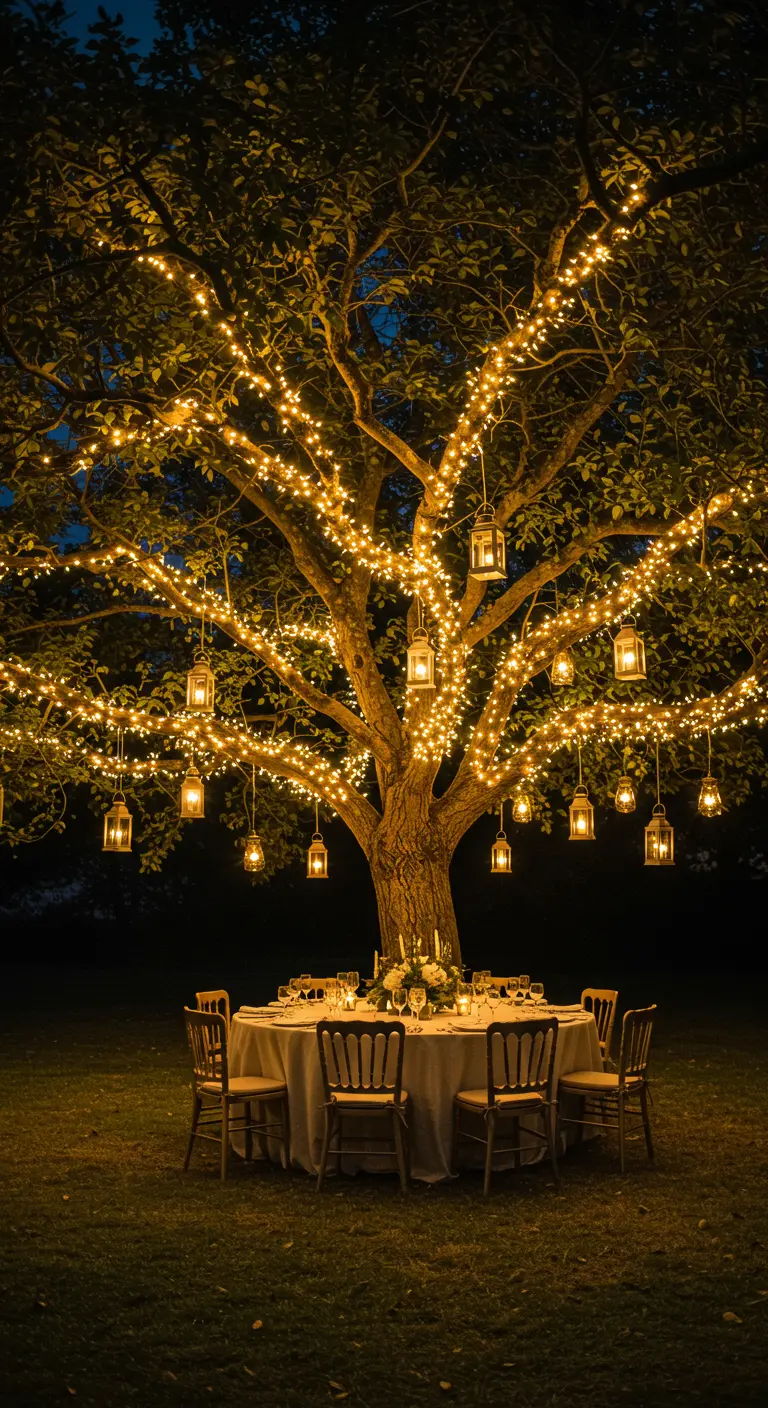 Grand arbre décoré de nombreuses guirlandes lumineuses et de lanternes, éclairant une table ronde.