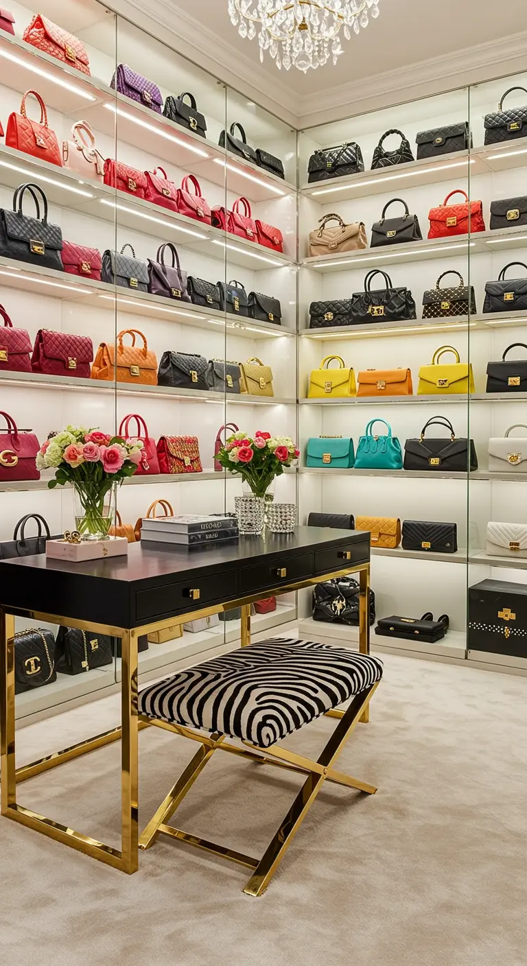 Mur d'étagères illuminées présentant des sacs à main classés par couleur.