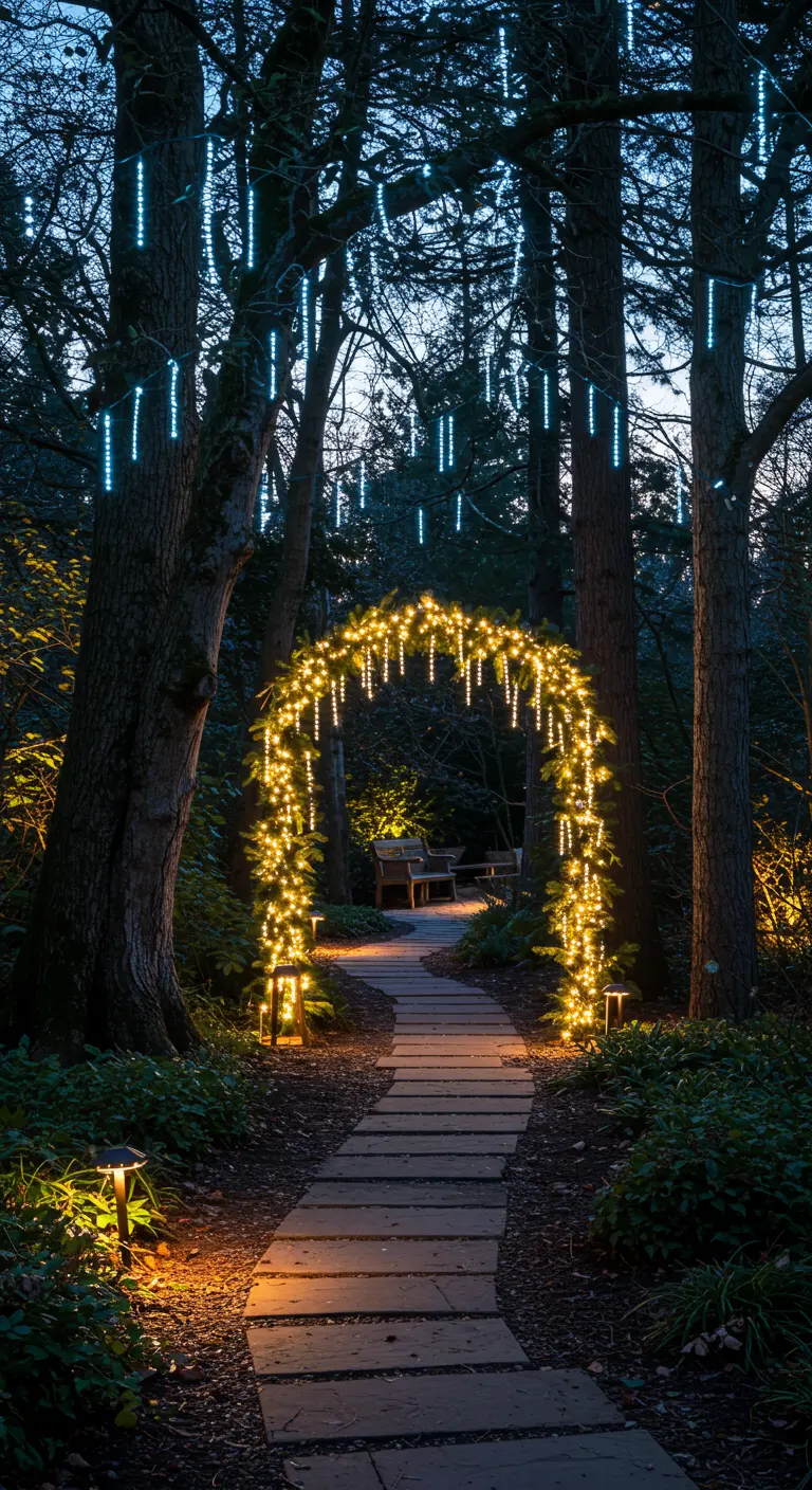 Arc de jardin illuminé par des guirlandes chaudes et des lumières bleues tombantes dans un jardin enneigé.