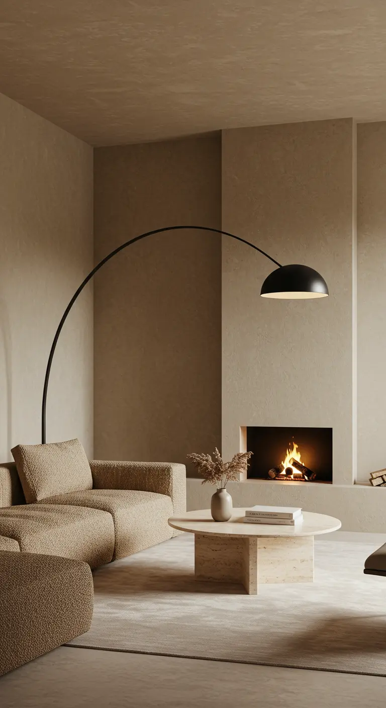 Lampadaire arqué noir au-dessus d'un canapé beige texturé près d'une cheminée.