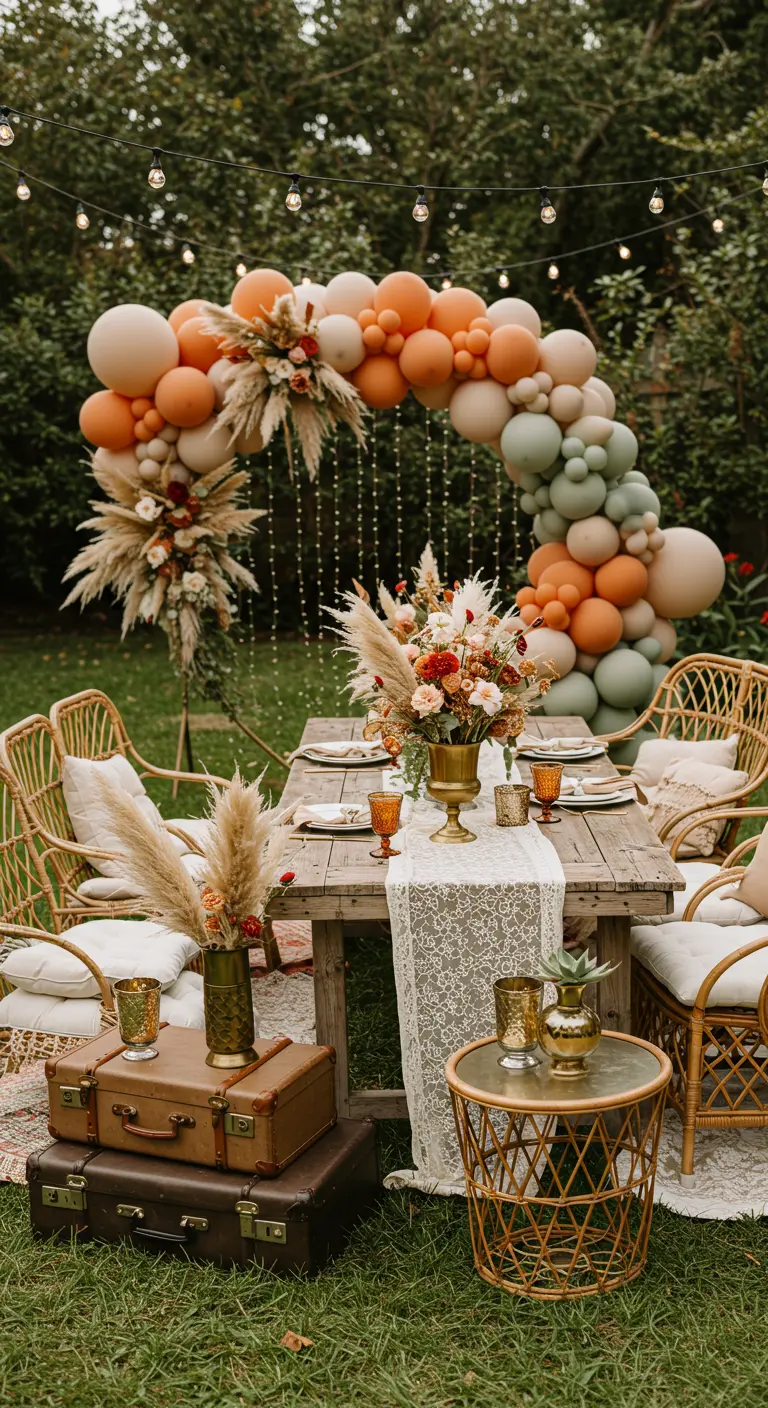 Arche de ballons orange et vert sauge, herbe de la pampa et valises vintage en extérieur.