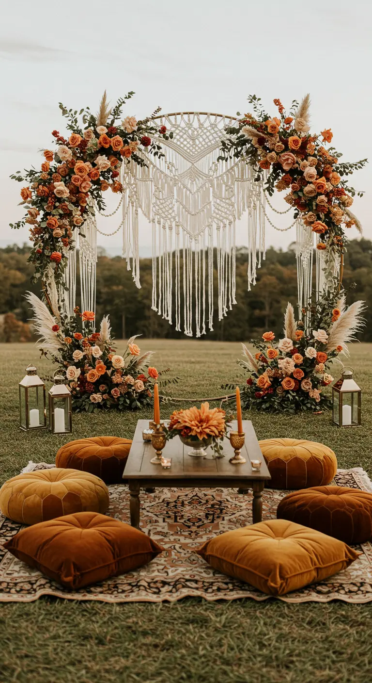 Arche en macramé avec roses orange et crème, herbe de pampa, coin salon avec tapis et poufs velours.