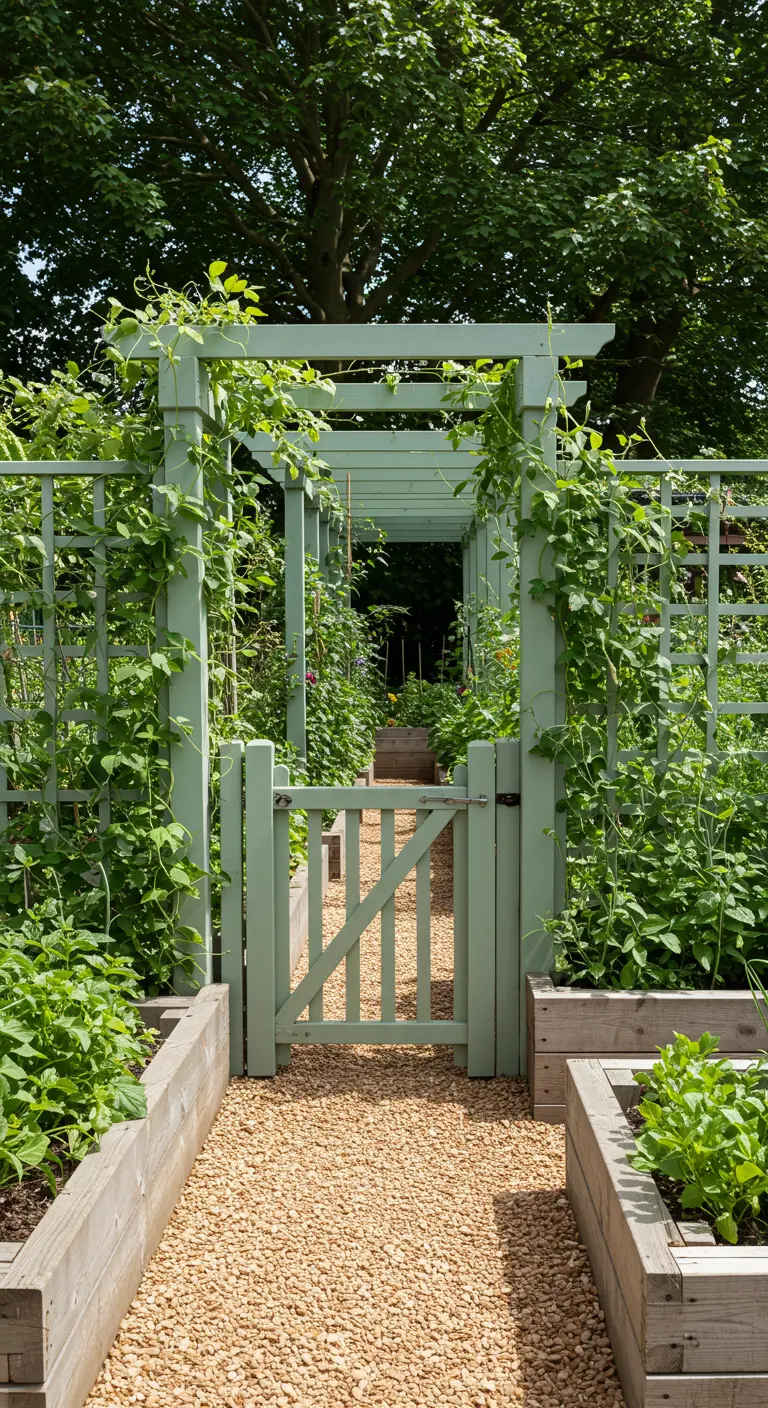 Arche de jardin et treillis vert pastel couverts de plantes grimpantes, menant à un potager organisé.