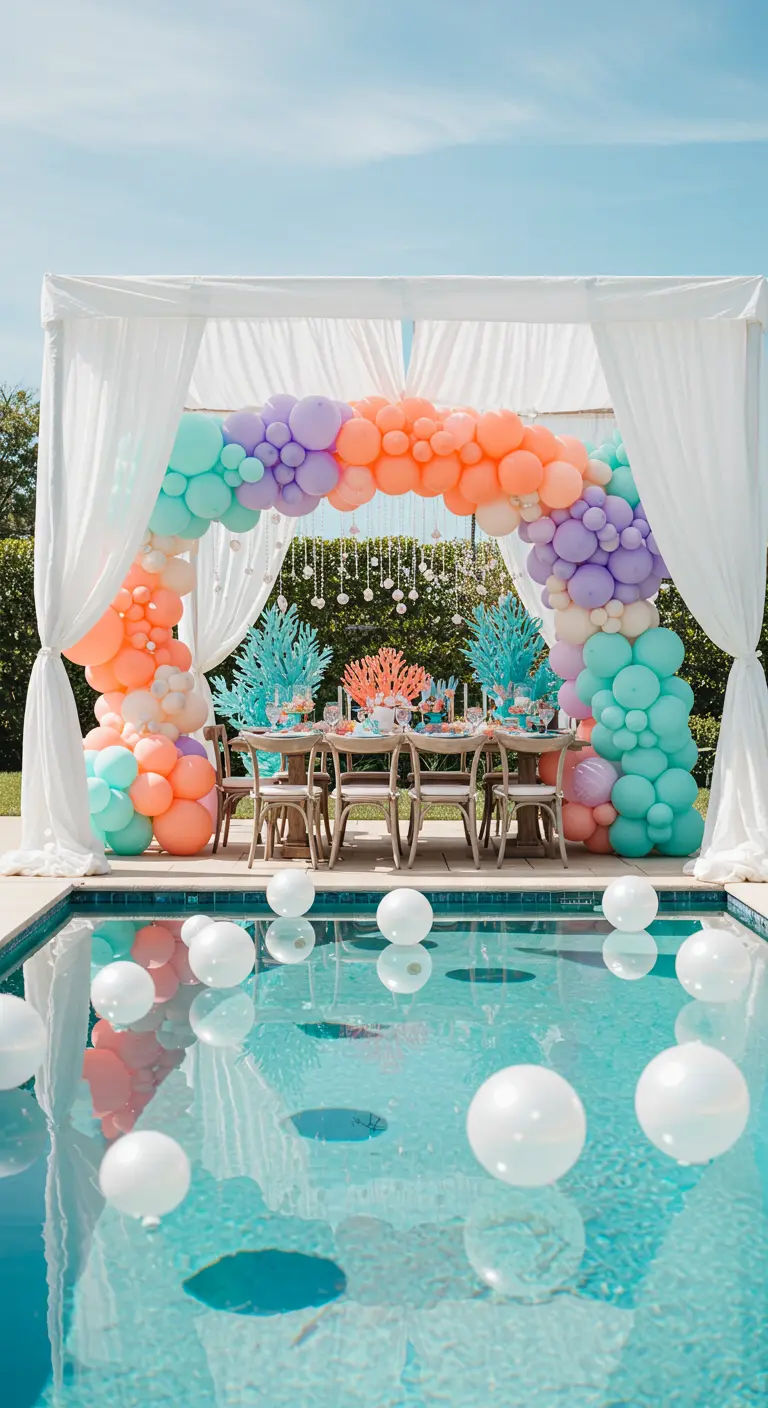 Une arche de ballons pastel au-dessus d'une table au bord d'une piscine.