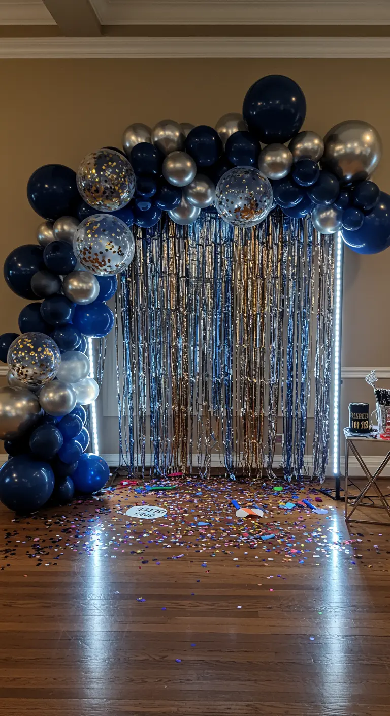 Arche de ballons bleus et argentés avec rideau de franges métalliques et lumières LED.