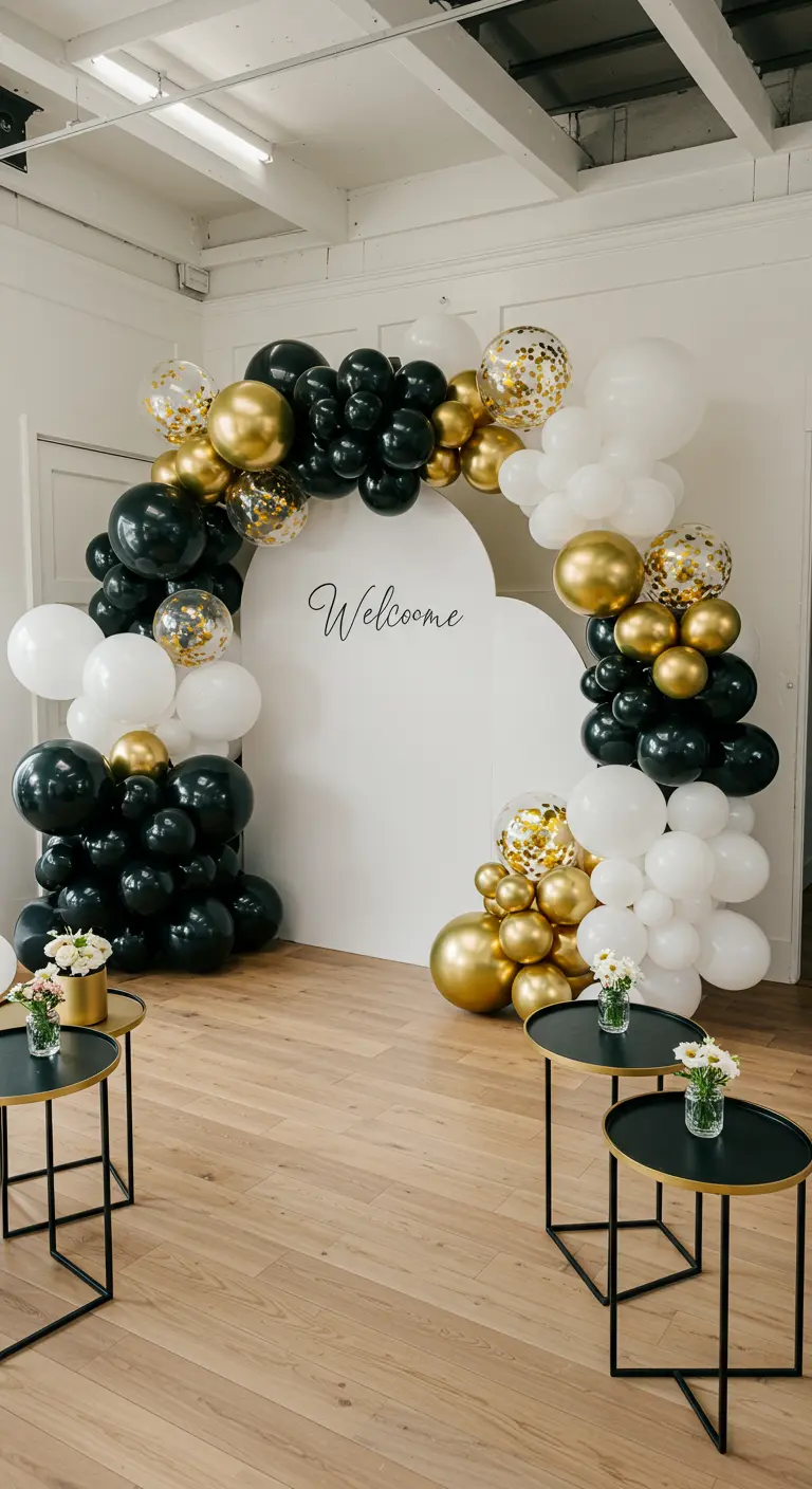Arche de ballons noir, or et blanc dans un style moderne et asymétrique.