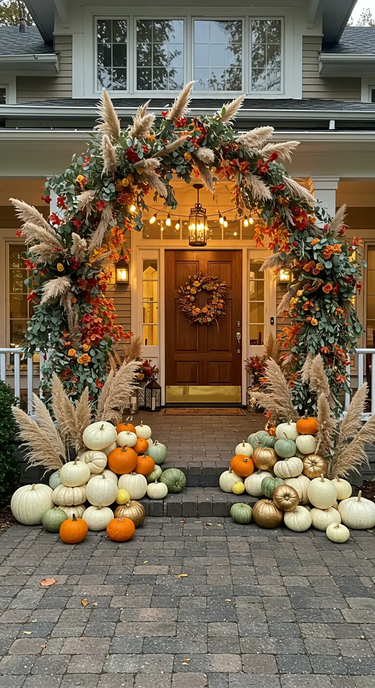 Arche florale d'automne luxuriante autour d'une porte d'entrée.