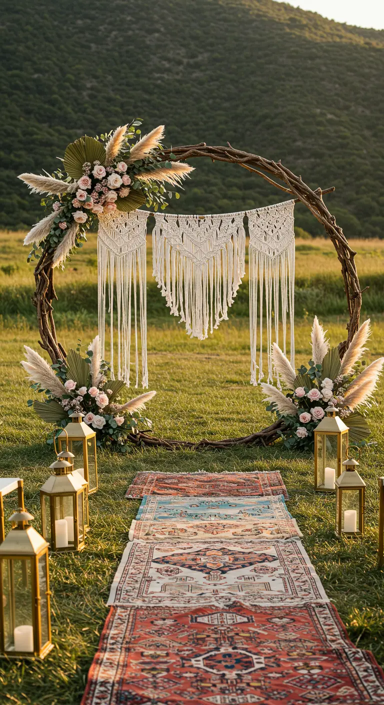 Arche de mariage circulaire en bois décorée de macramé, de fleurs et d'herbes de la pampa.