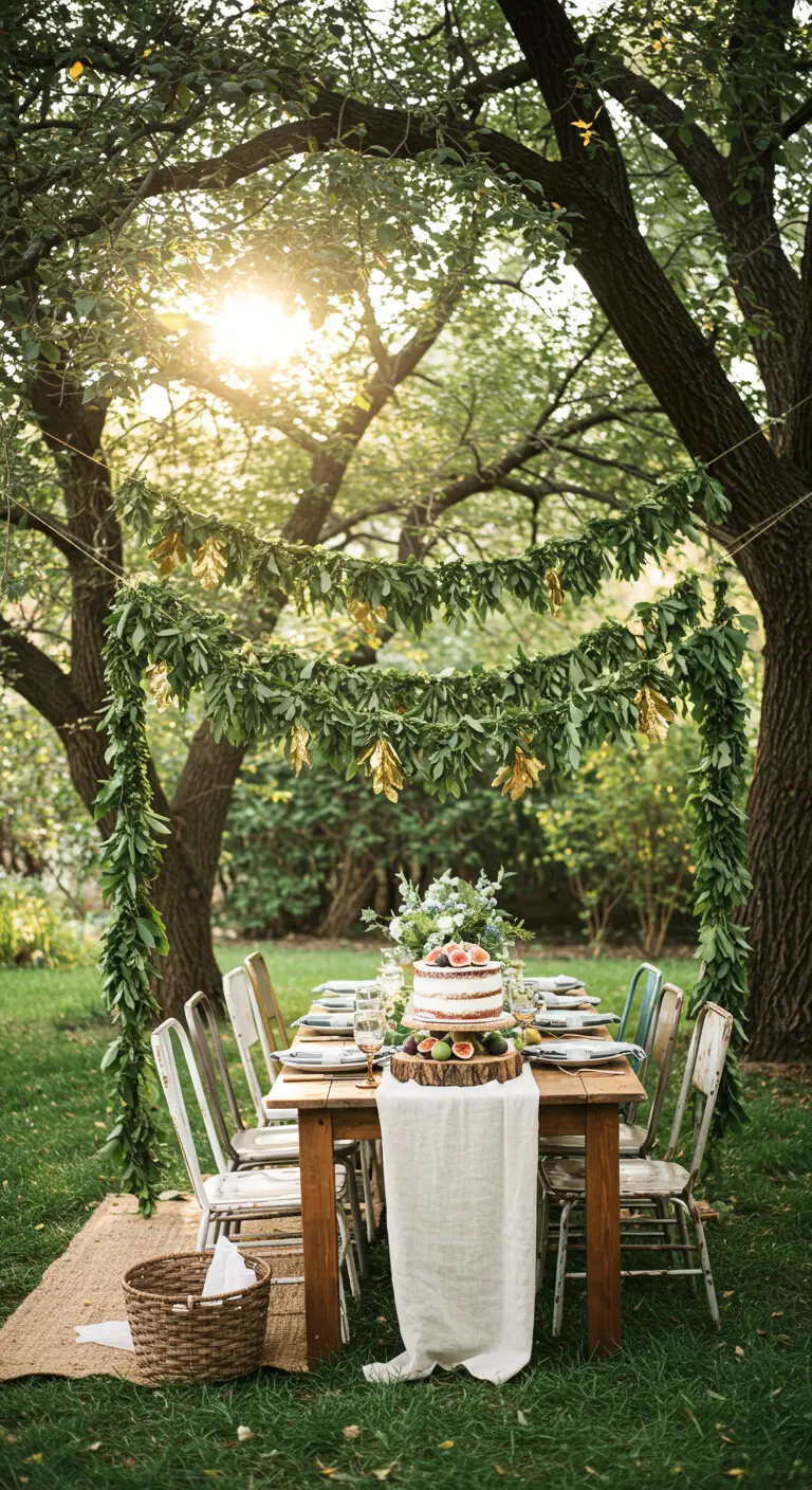 Table de fête en plein air sous une arche de feuilles vertes au coucher du soleil.