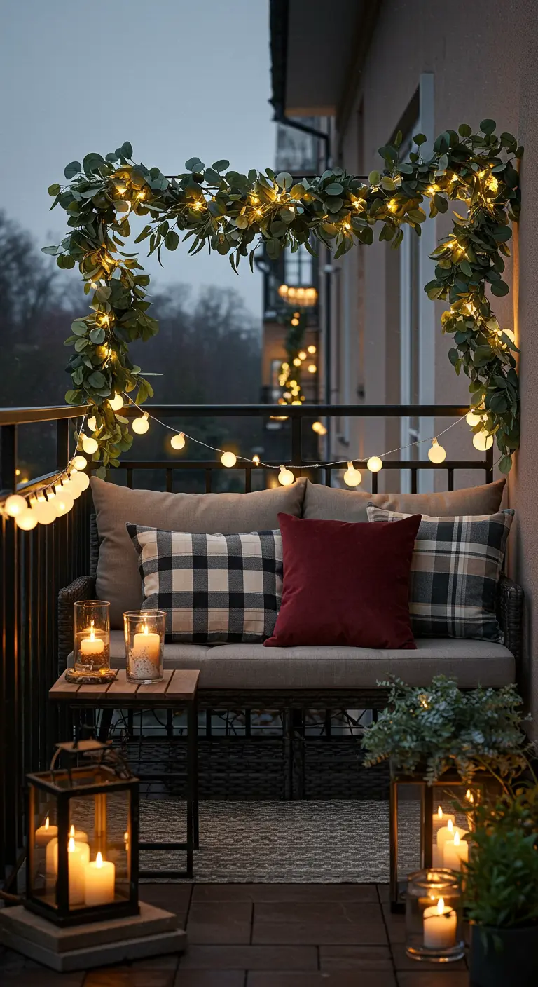 Canapé d'extérieur encadré par une arche de guirlande d'eucalyptus et de lumières.