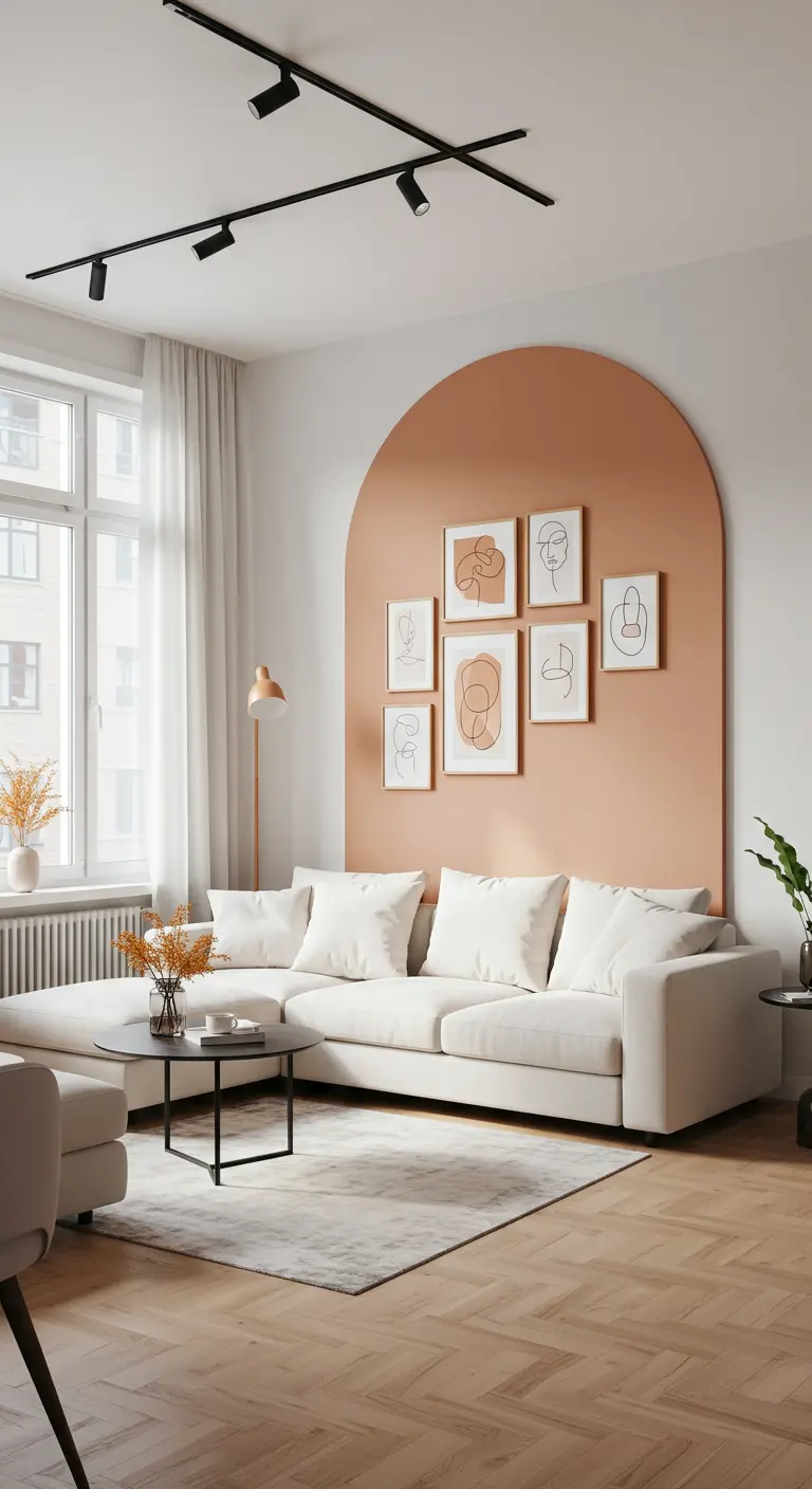 Mur blanc avec une arche peinte en rose pâle, encadrant une galerie de cadres abstraits derrière un canapé d'angle blanc.