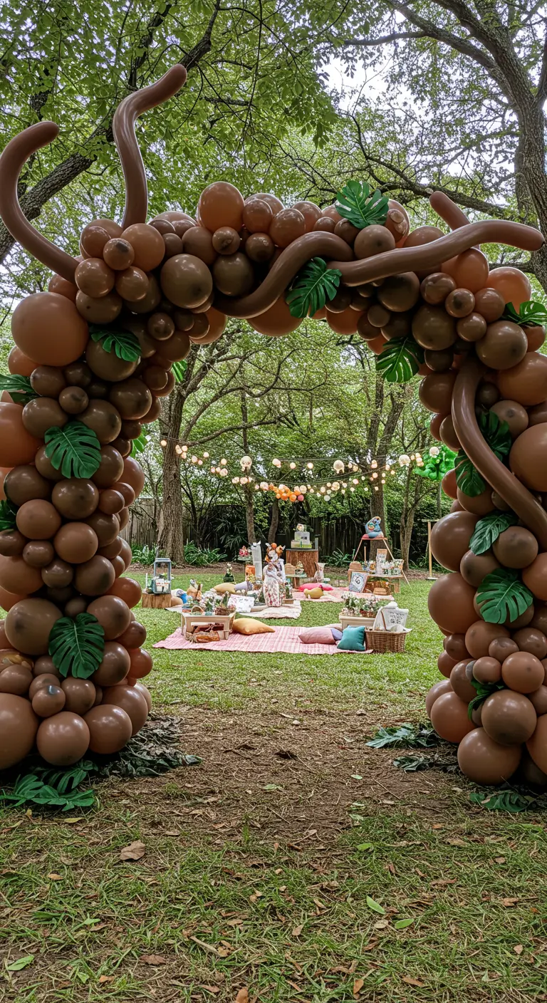 Impressionnante arche de ballons marron imitant des troncs d'arbres à l'entrée d'un jardin.