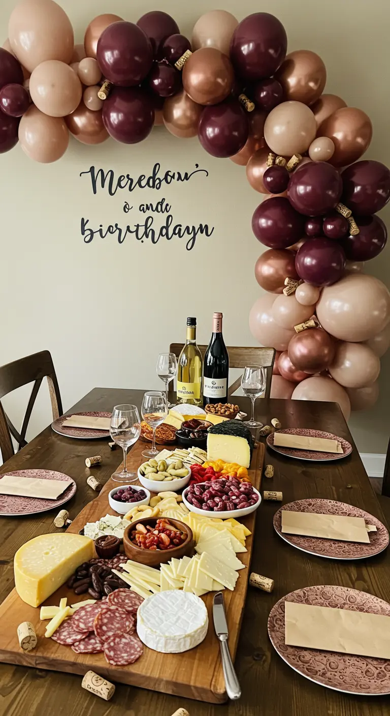Arche de ballons bordeaux et rose gold au-dessus d'une table de vins et fromages.