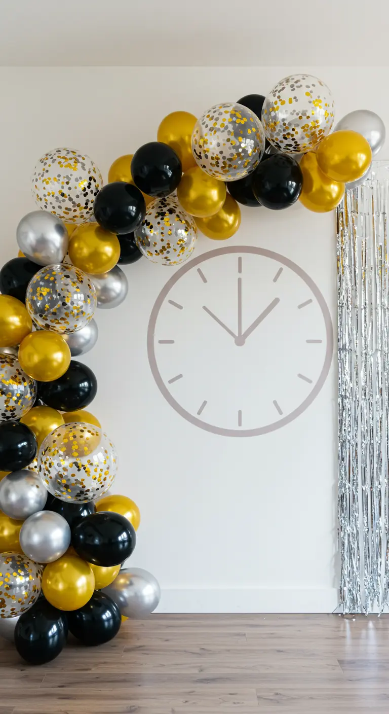 Cadran d'horloge dessiné sur un mur, encadré par une arche de ballons.