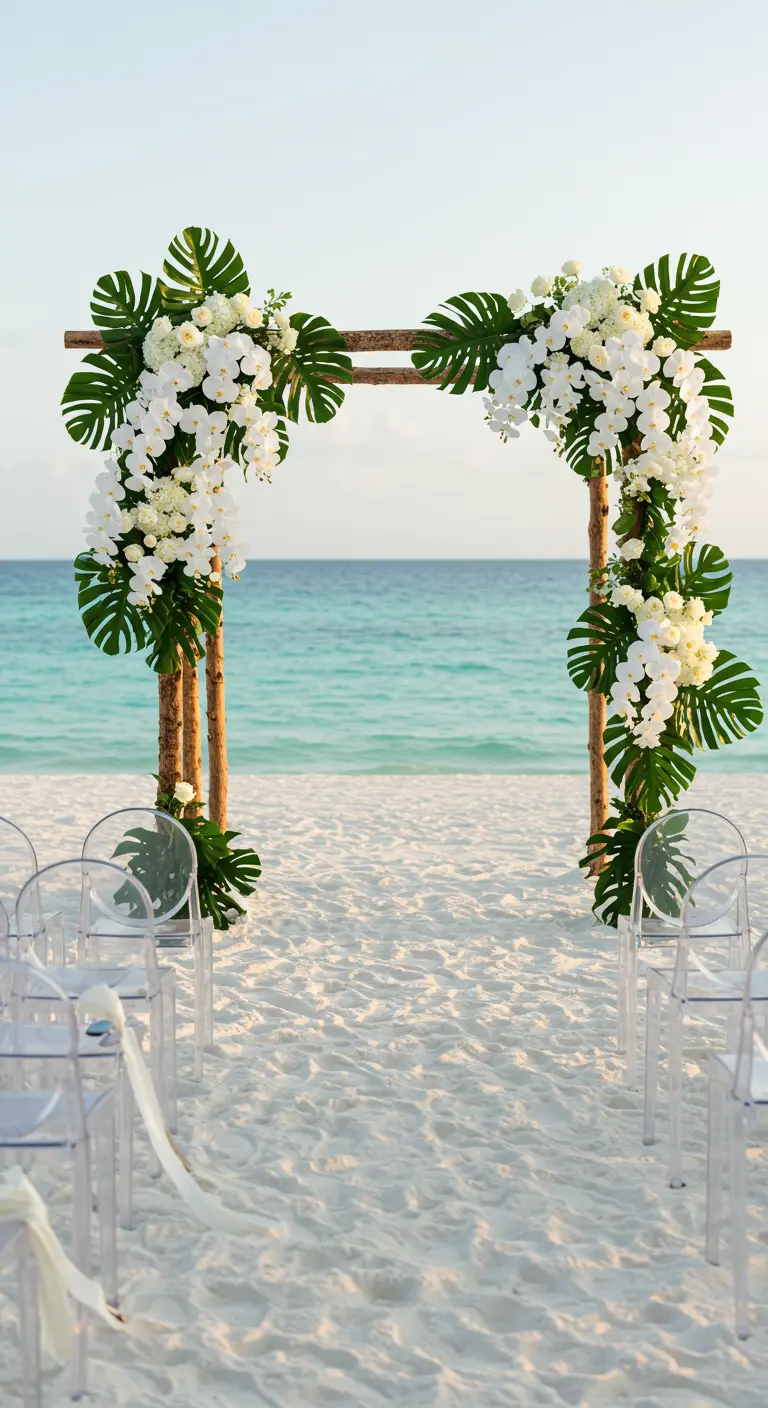 Arche de mariage en bois, orchidées blanches, feuilles de monstera, plage de sable blanc.