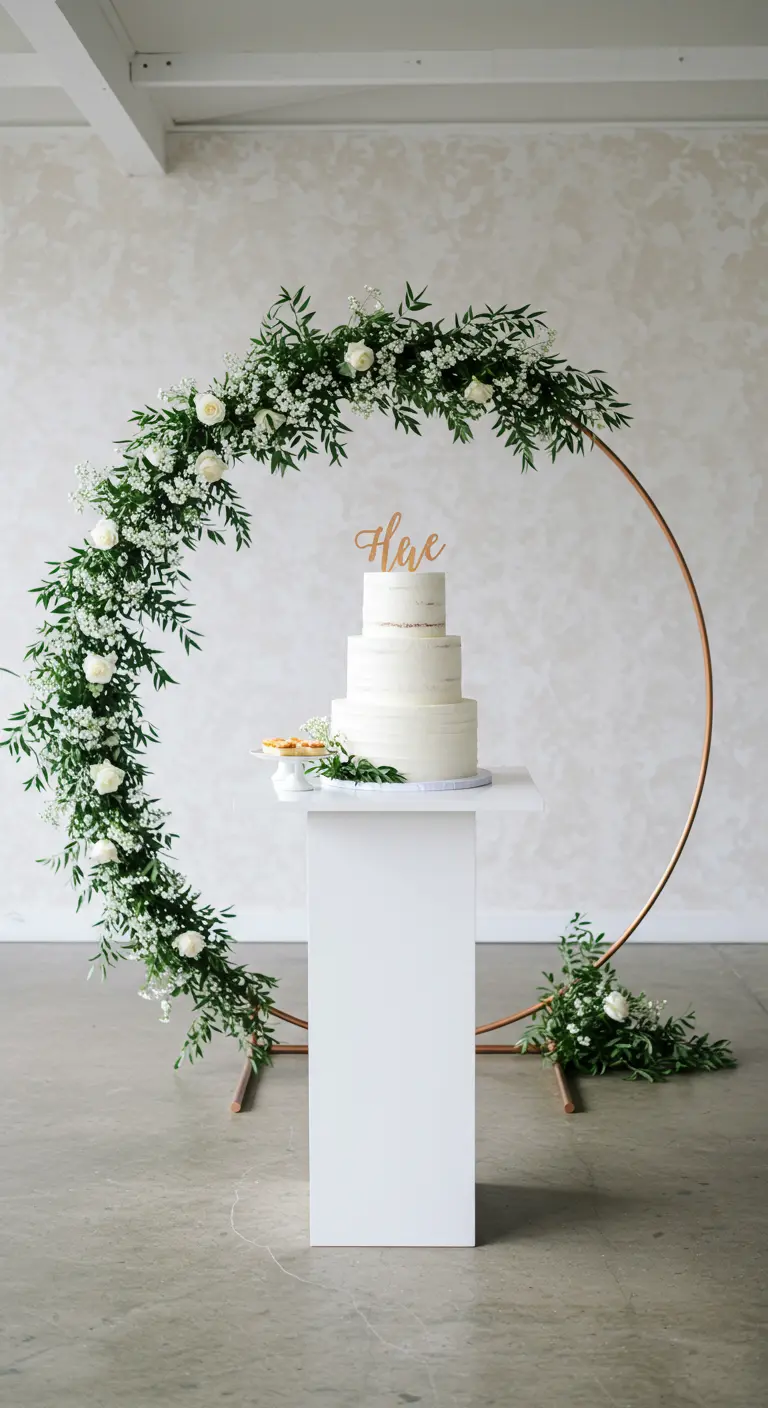 Gâteau de mariage blanc sur un piédestal devant une arche circulaire décorée de verdure.