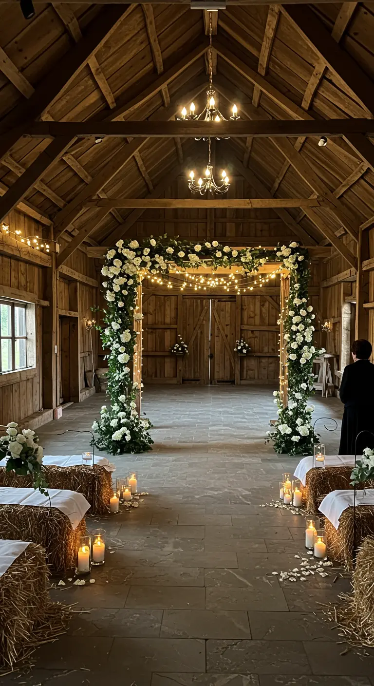 Arche florale carrée en bois avec roses blanches et guirlandes dans une grange rustique.