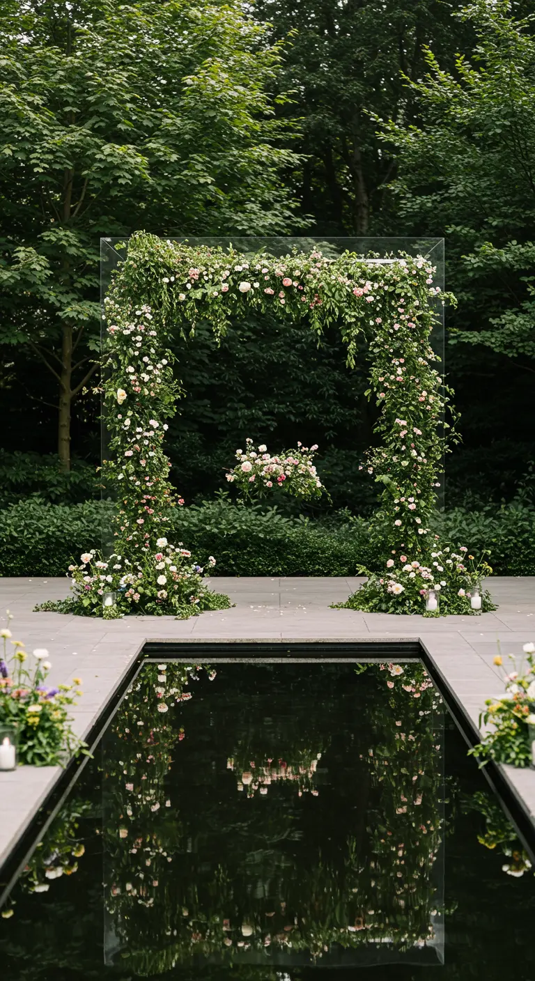 Arche de mariage transparente en plexiglas couverte de fleurs, se reflétant dans l'eau.