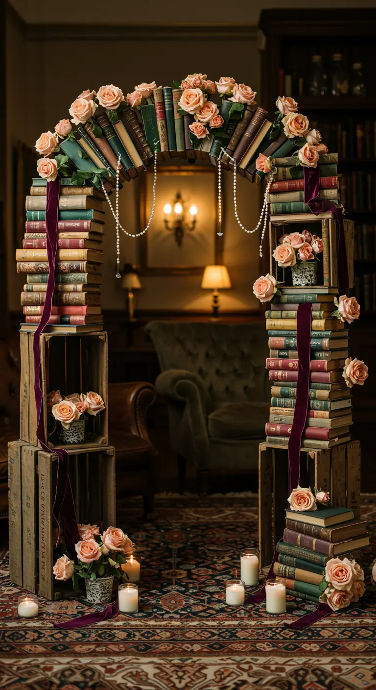 Arche faite de livres vintage et caisses en bois, roses pêche, rubans velours et perles.