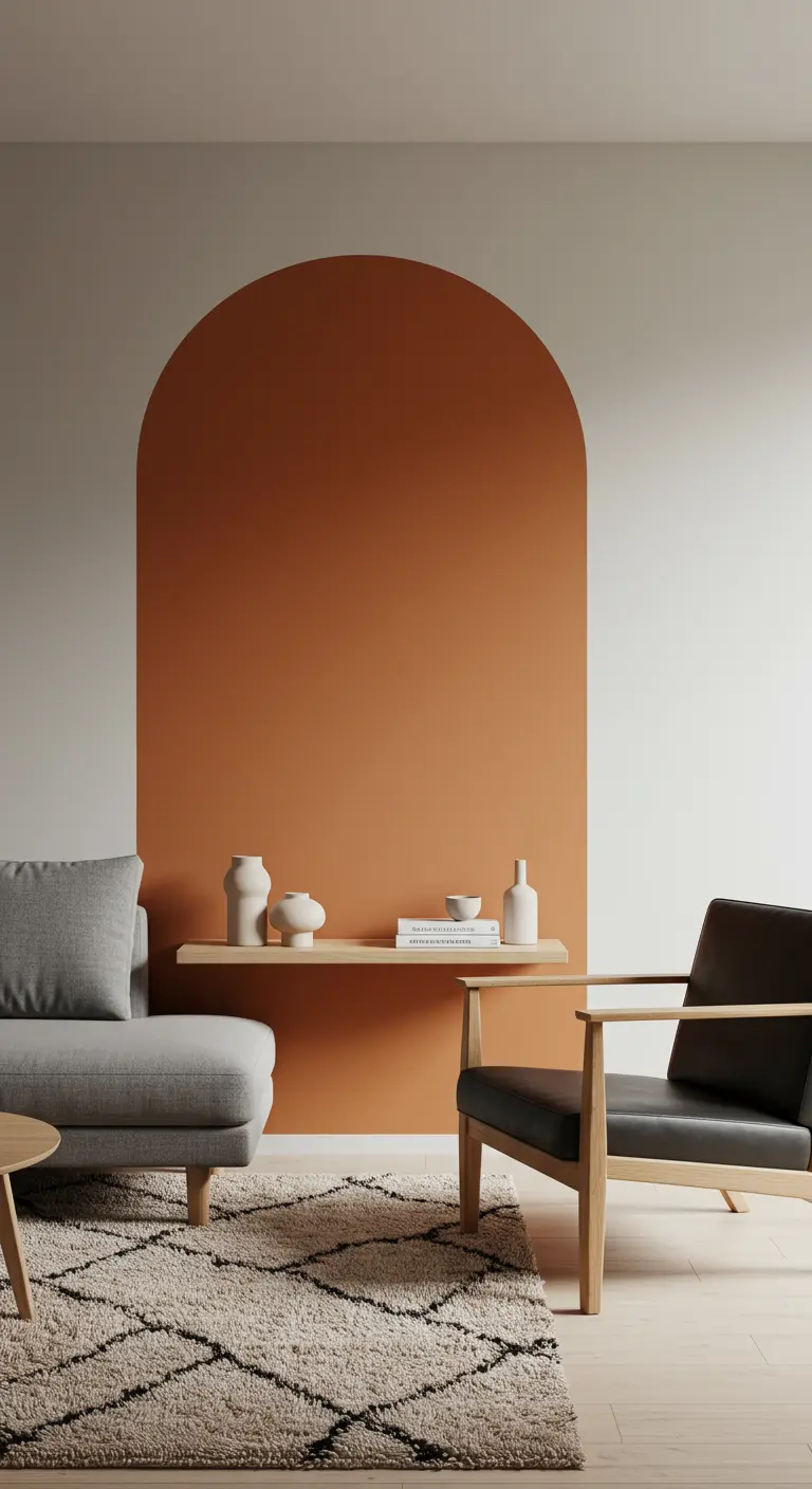 Une arche couleur terracotta peinte sur un mur blanc, encadrant une petite étagère en bois.