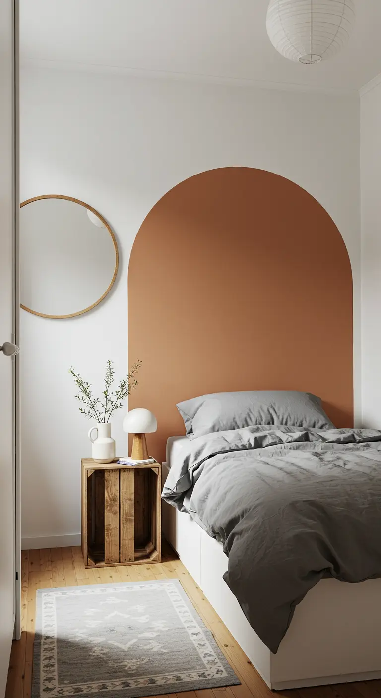 Tête de lit en arche peinte couleur terracotta dans une chambre minimaliste.
