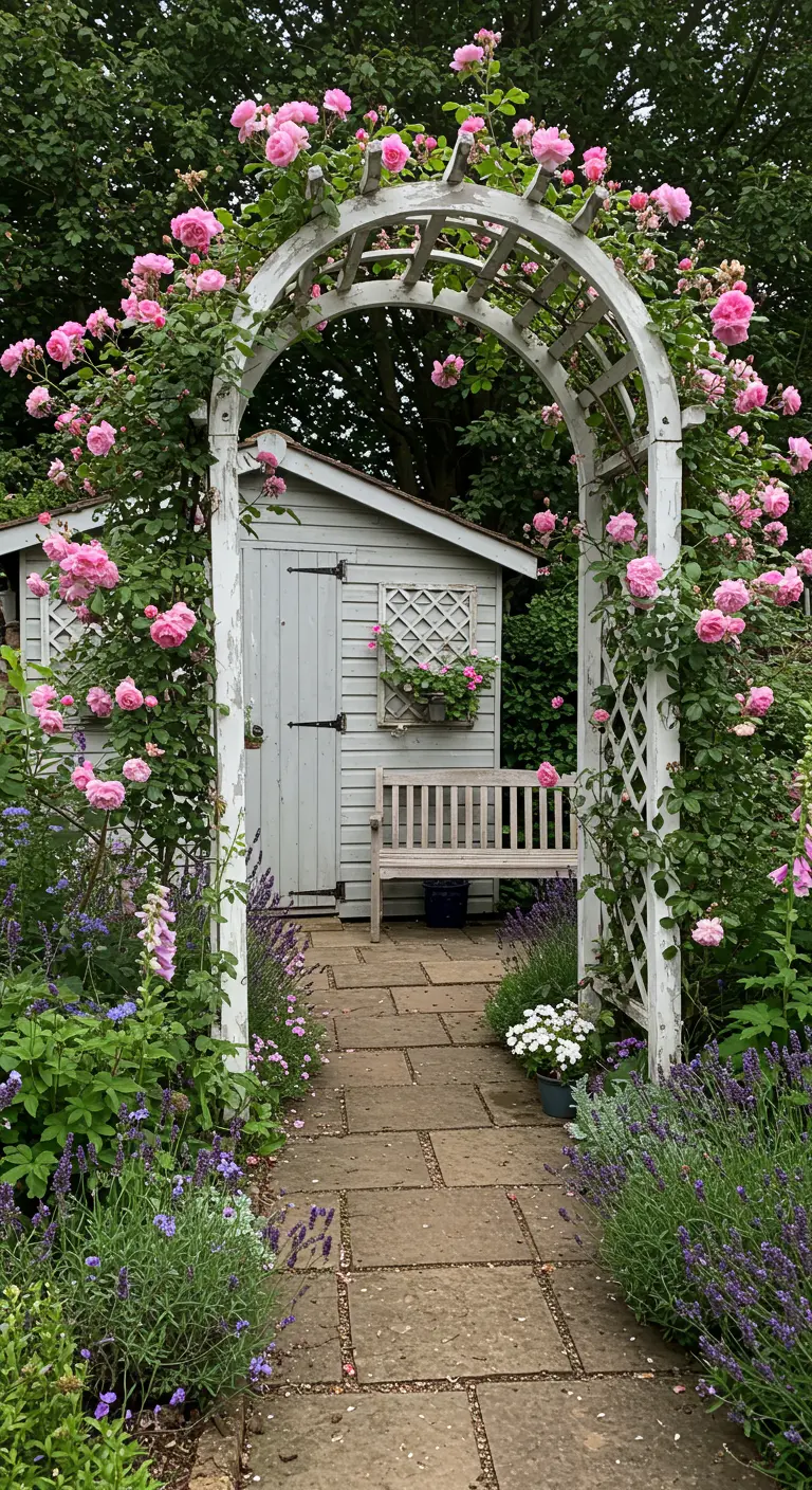 Arche de jardin blanche couverte de roses roses, menant à une cabane et un banc cachés dans un jardin fleuri.