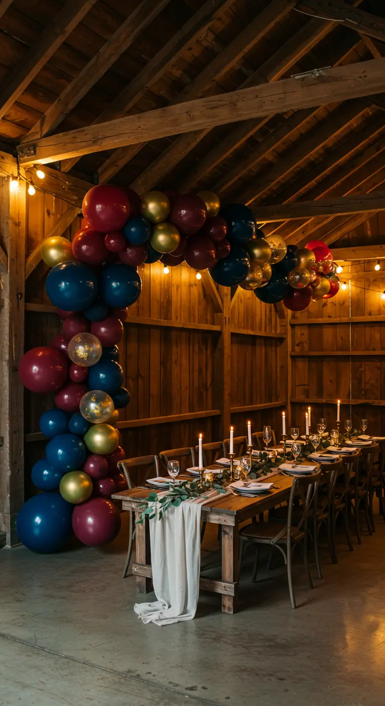 Arche de ballons rouge, bleu et or au-dessus d'une table en bois dans une grange.