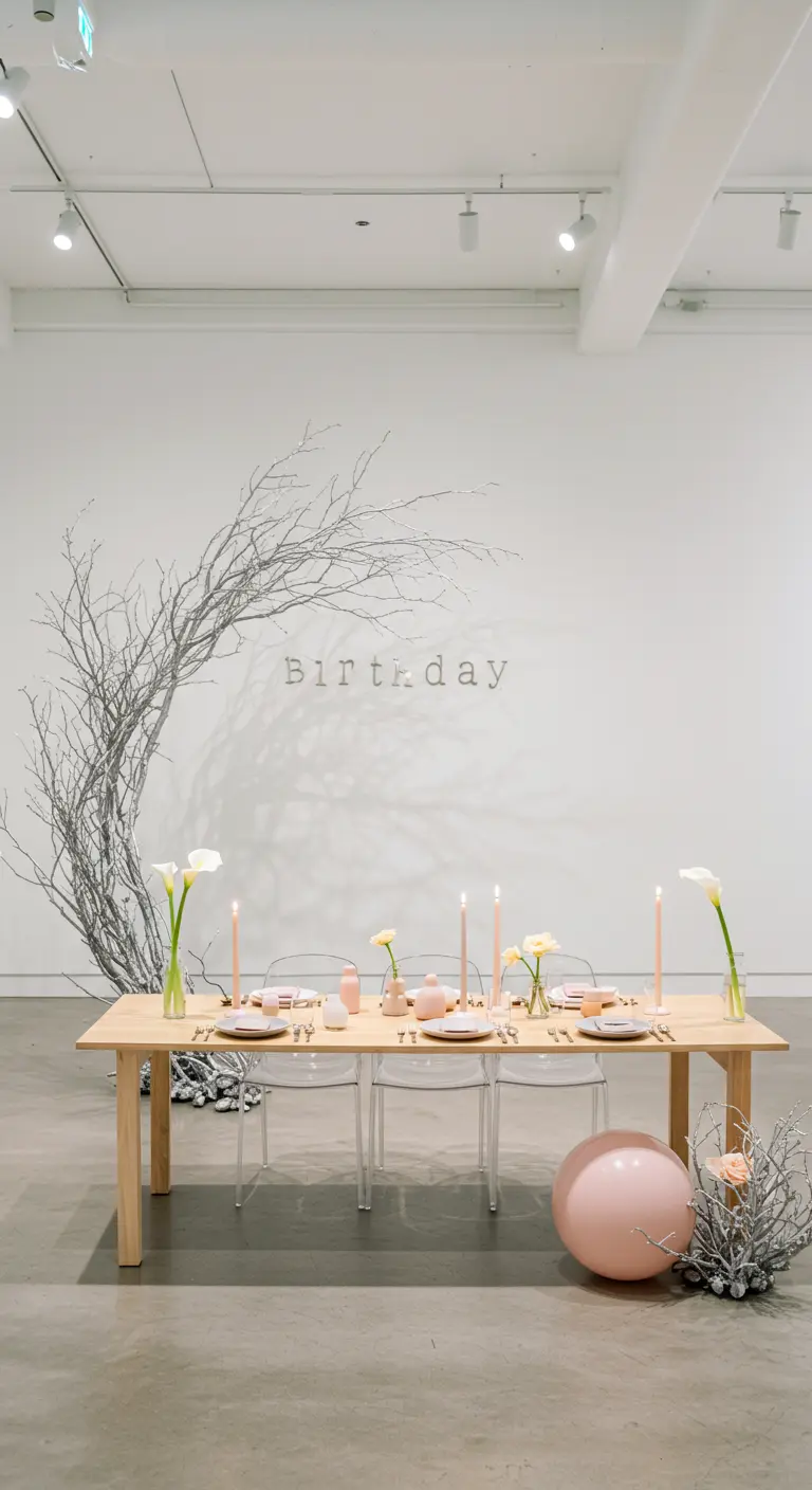 Décor minimaliste avec une arche de branches argentées et une table aux tons rose poudré.
