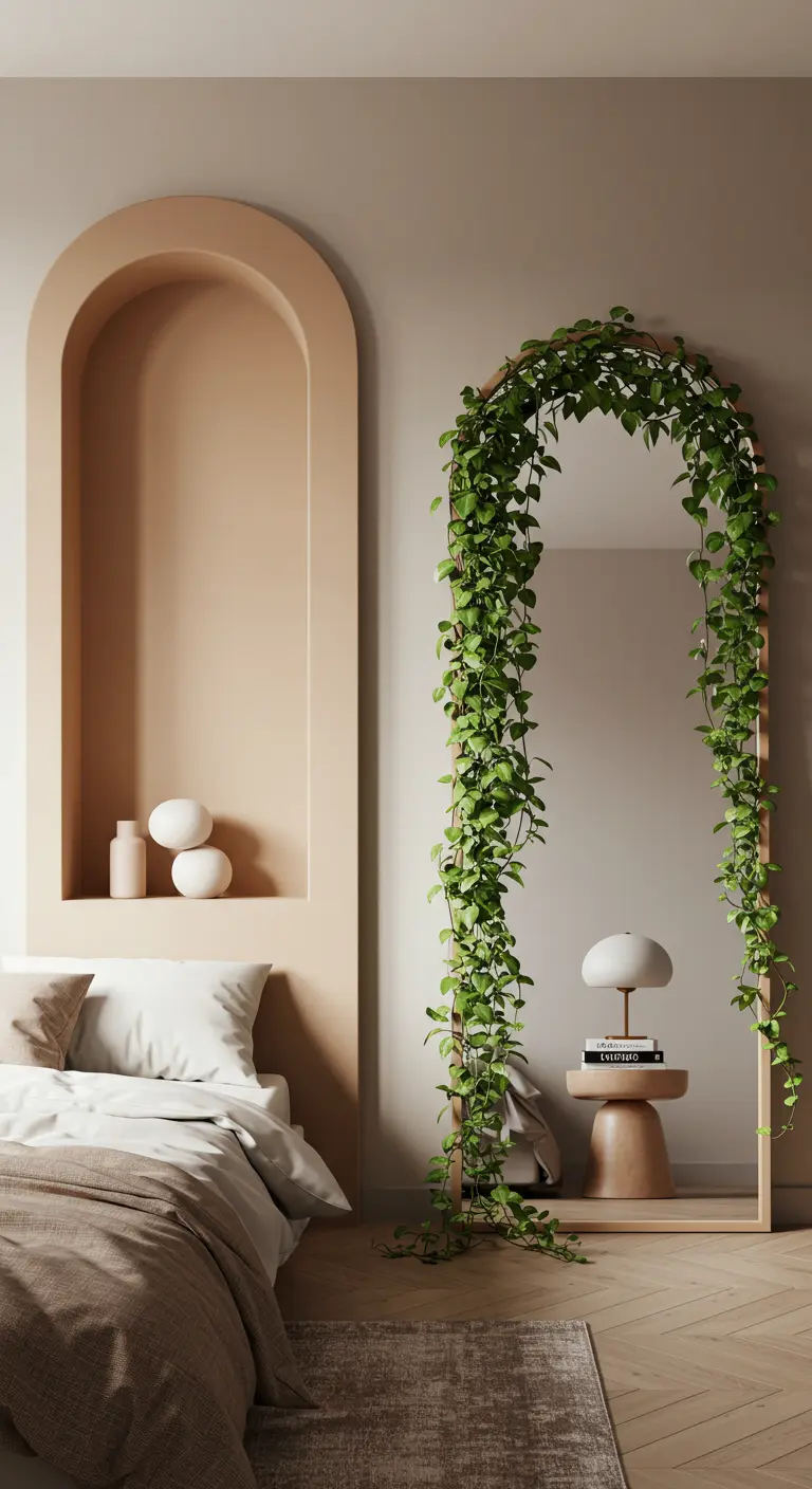 Miroir arche encadré par une plante grimpante à côté d'une niche murale.