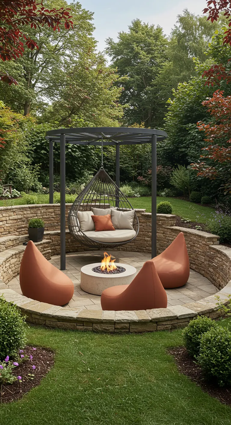 Fauteuil suspendu et poufs terracotta autour d'un brasero dans un jardin.