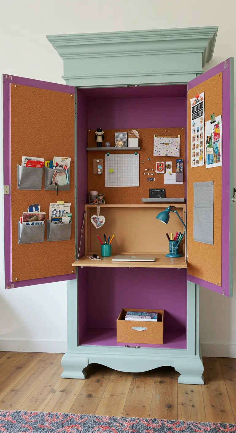 Ancienne armoire repeinte et transformée en station de bureau complète avec des panneaux de liège.