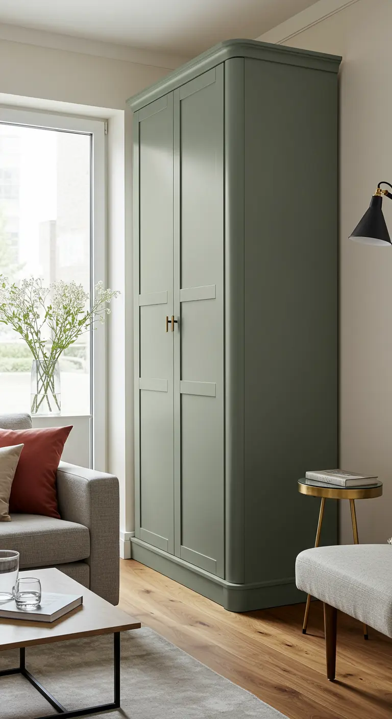 Armoire haute et fine de couleur vert sauge dans un coin de salon.