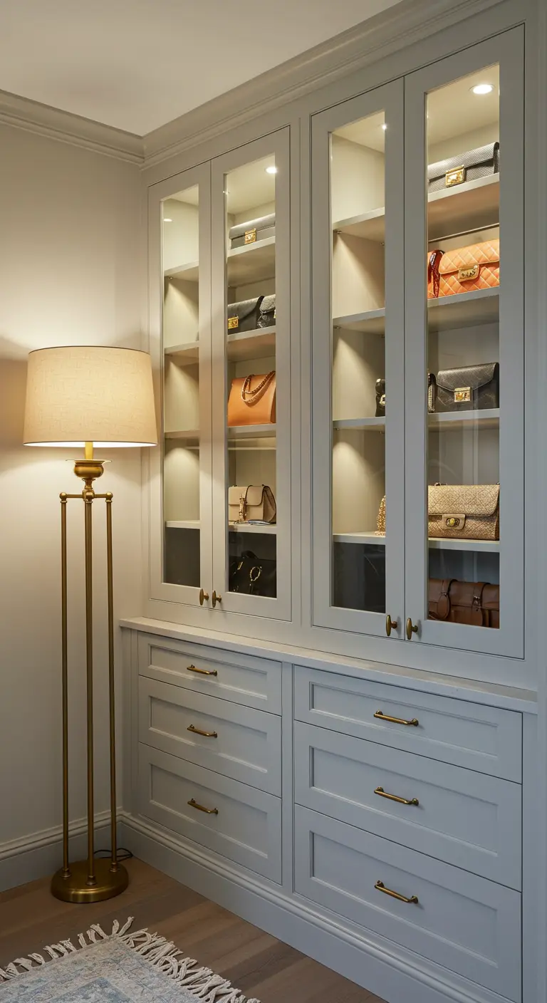 Armoire-vitrine blanche avec éclairage intérieur et lampadaire classique à côté.