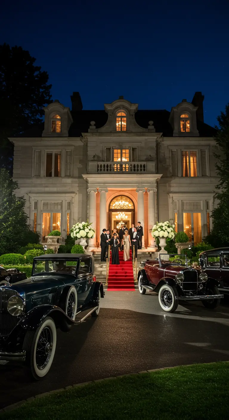 Entrée d'un manoir avec tapis rouge et voitures anciennes.