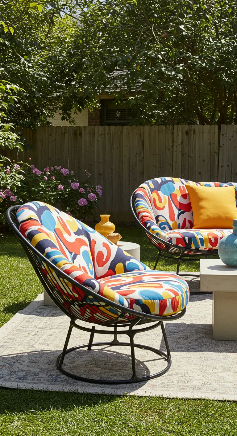 Fauteuil papasan aux motifs abstraits colorés sur une pelouse verte avec table basse design.