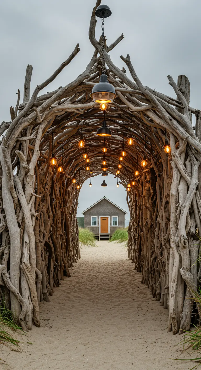 Arche rustique en bois flotté avec ampoules suspendues sur un chemin de sable.