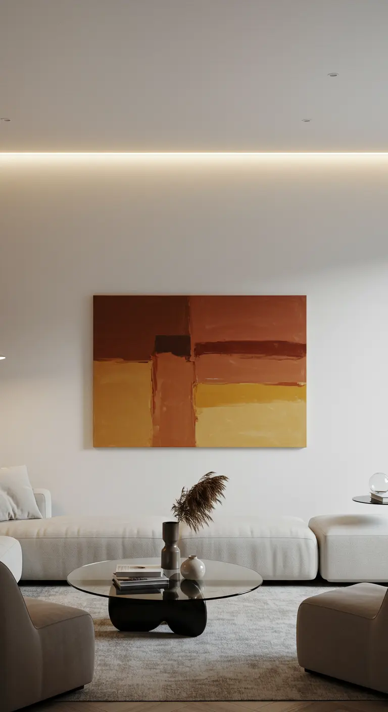 Salon minimaliste blanc avec une grande toile abstraite aux couleurs terracotta.