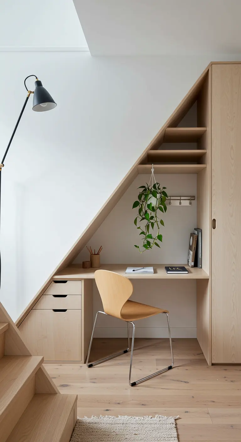 Bureau sur mesure en bois blond aménagé sous un escalier.