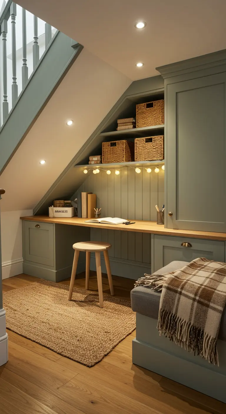 Bureau intégré sous un escalier, peint en vert sauge, avec un tapis en jute.