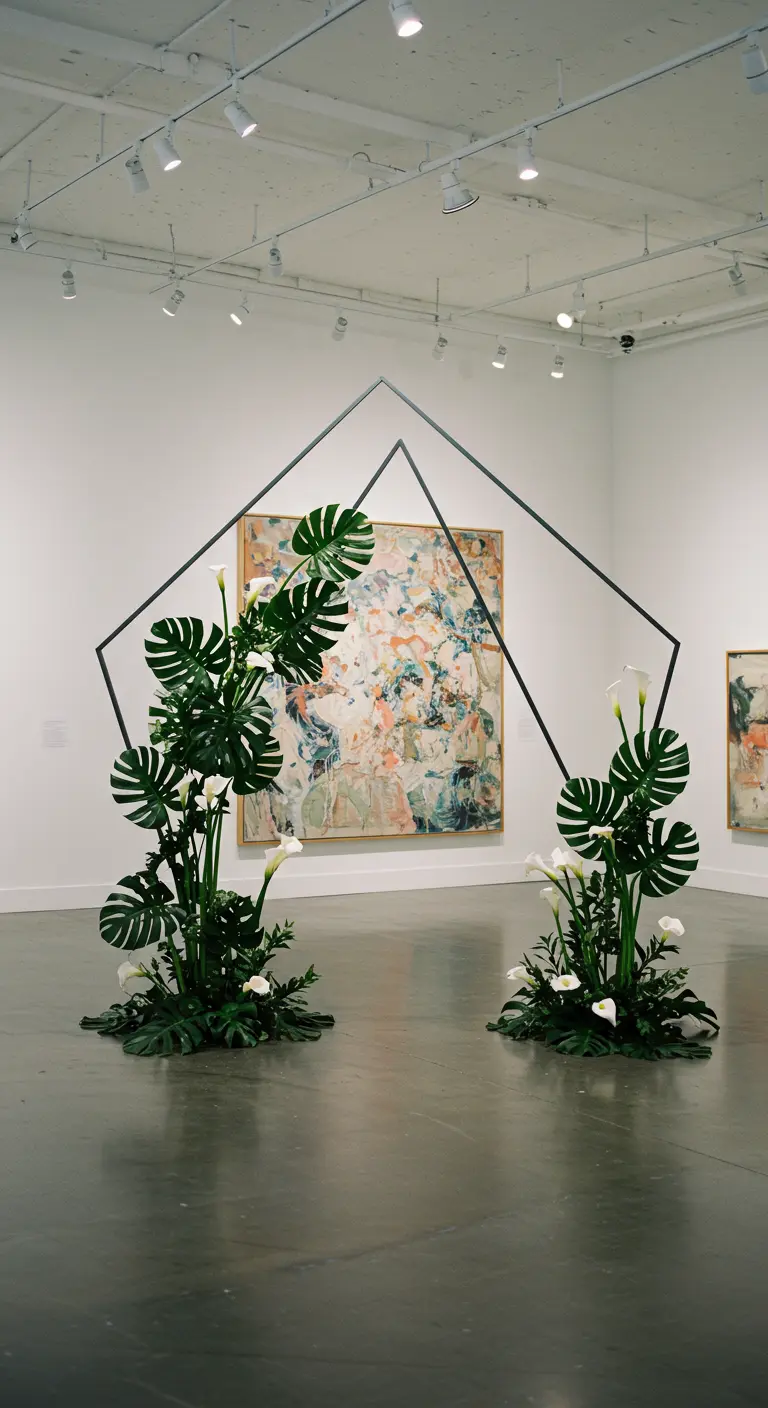 Arche géométrique noire dans une galerie d'art, décorée de feuilles de Monstera.