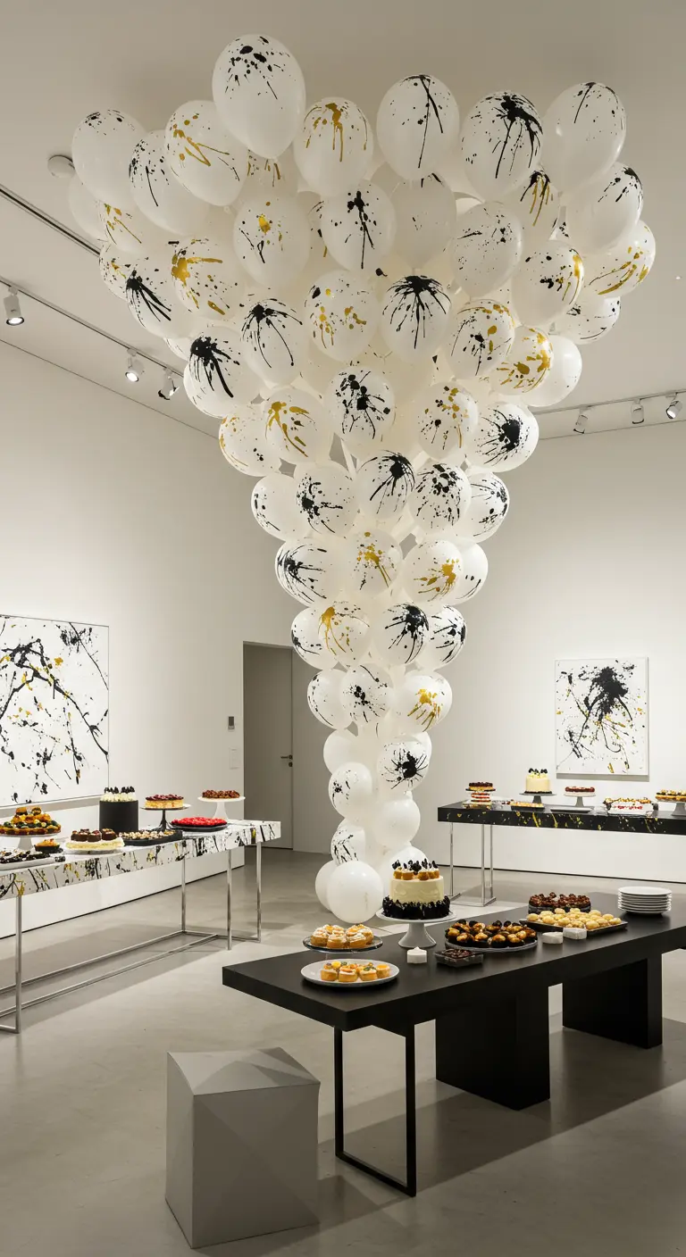 Sculpture de ballons blancs éclaboussés de peinture noire et dorée dans une galerie.