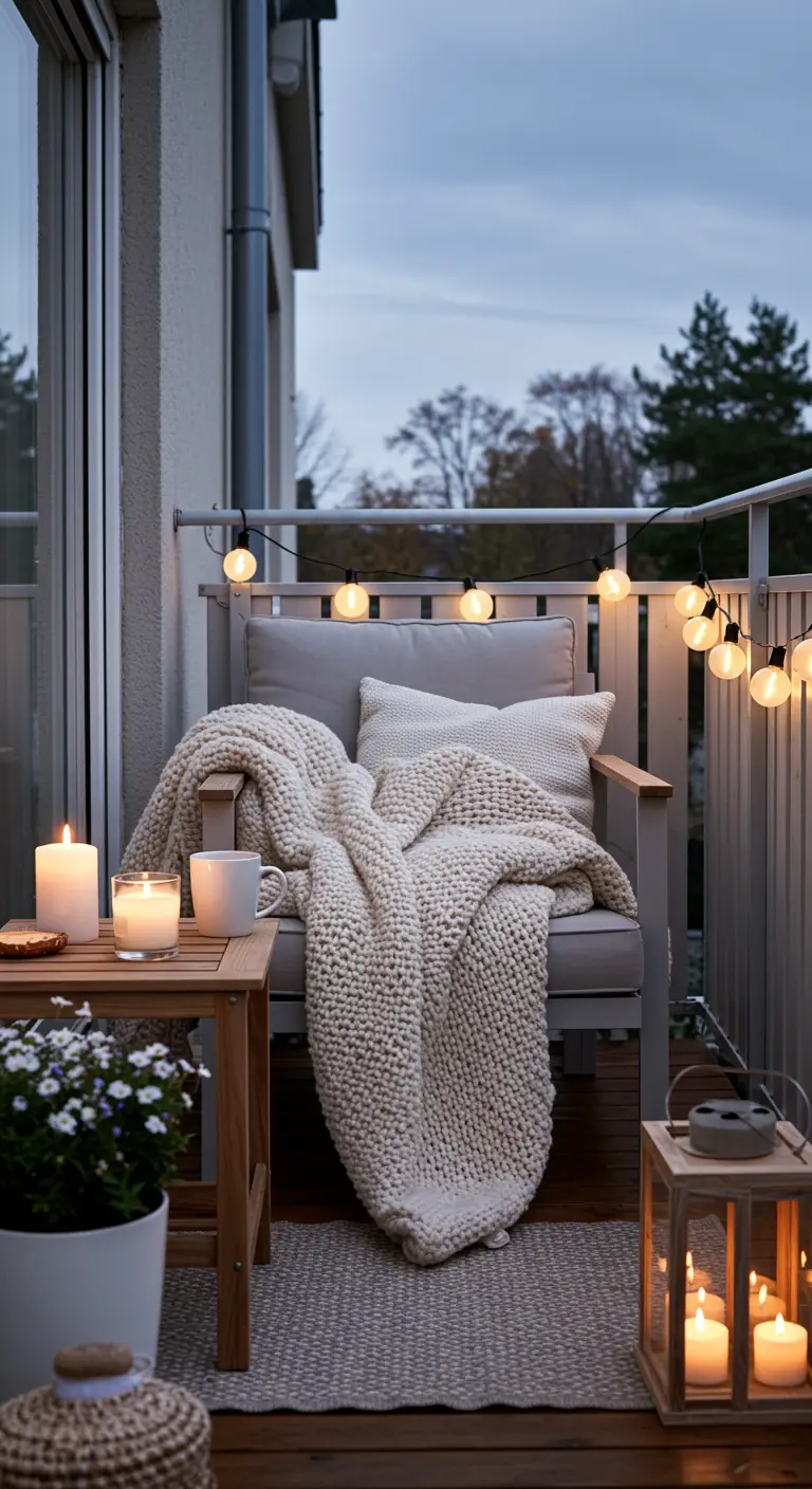 Fauteuil cosy avec plaid en maille, bougies, lanterne et guirlande lumineuse sur un balcon.